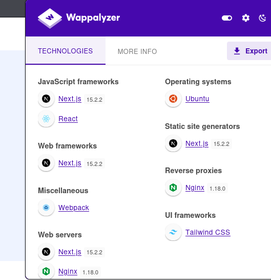 Wappalyzer results showing Next.js 15.2.2 and nginx versions